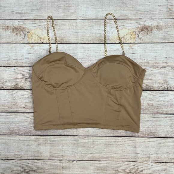 Julia Love By J Tan Nude Bustier Crop Top XL Gold Chain Straps Corset Style - Picture 1 of 11